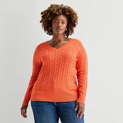 St. John's Bay Plus Womens V Neck Long Sleeve Cable Knit Pullover Sweater In Orange
