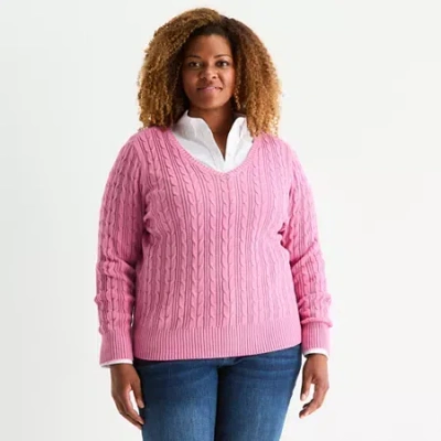St. John's Bay Plus Womens V Neck Long Sleeve Cable Knit Pullover Sweater In Pink