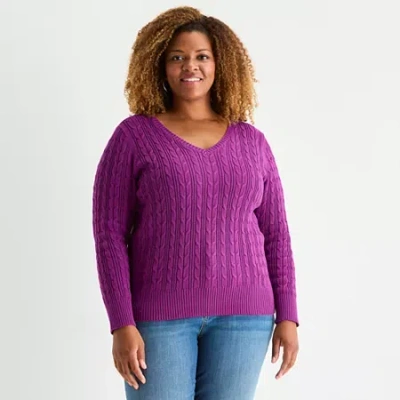 St. John's Bay Plus Womens V Neck Long Sleeve Cable Knit Pullover Sweater In Purple