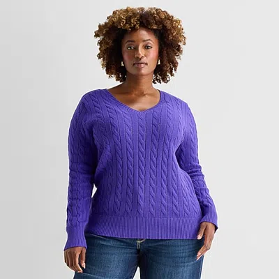 St. John's Bay Plus Womens V Neck Long Sleeve Cable Knit Pullover Sweater In Purple