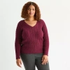 St. John's Bay Plus Womens V Neck Long Sleeve Cable Knit Pullover Sweater In Burgundy