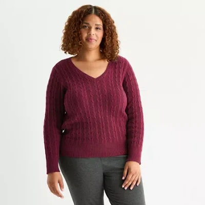 St. John's Bay Plus Womens V Neck Long Sleeve Cable Knit Pullover Sweater In Burgundy