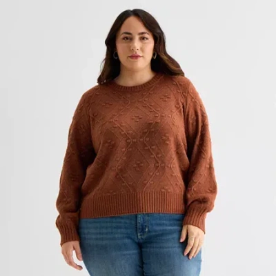 St. John's Bay Plus Womens V Neck Long Sleeve Pullover Sweater In Brown