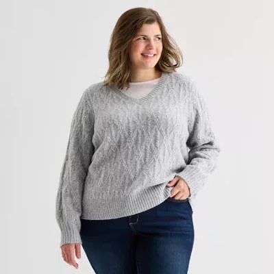St. John's Bay Plus Womens V Neck Long Sleeve Pullover Sweater In Gray