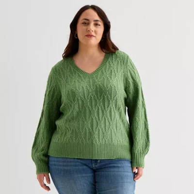 St. John's Bay Plus Womens V Neck Long Sleeve Pullover Sweater In Green