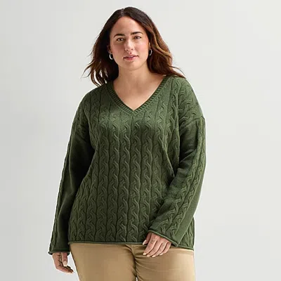 St. John's Bay Plus Womens V Neck Long Sleeve Pullover Sweater In Green