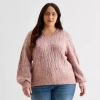 St. John's Bay Plus Womens V Neck Long Sleeve Pullover Sweater In Pink