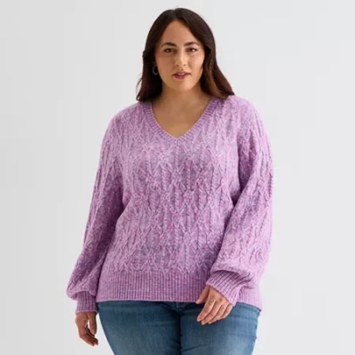 St. John's Bay Plus Womens V Neck Long Sleeve Pullover Sweater In Purple