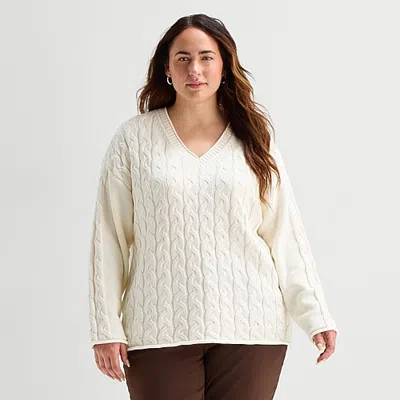 St. John's Bay Plus Womens V Neck Long Sleeve Pullover Sweater In White