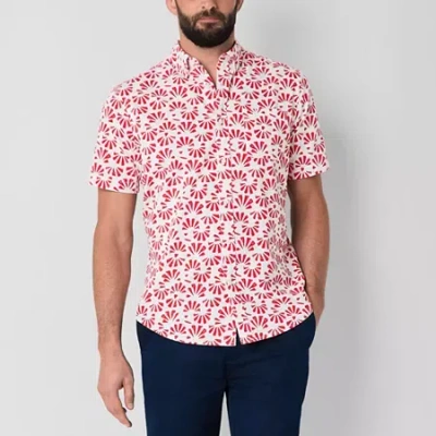 St. John's Bay Printed Chambray Mens Short Sleeve Classic Fit Button-down Shirt In Red
