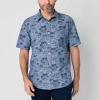 St. John's Bay Printed Chambray Mens Short Sleeve Slim Fit Button-down Shirt In Blue