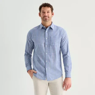 St. John's Bay Slub Mens Long Sleeve Classic Fit Button-down Shirt In Blue