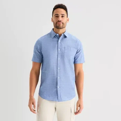 St. John's Bay Slub Mens Short Sleeve Classic Fit Button-down Shirt In Blue