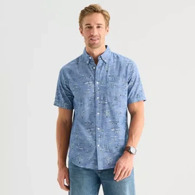 St. John's Bay Stretch Poplin Mens Short Sleeve Classic Fit Button-down Shirt In Blue