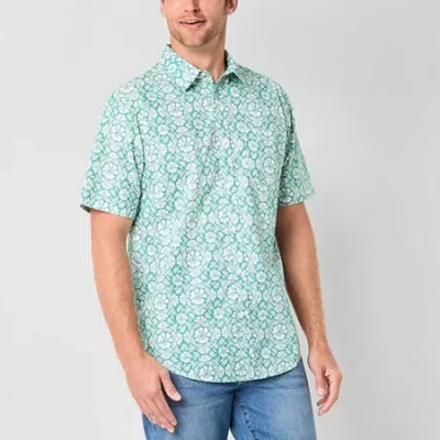 St. John's Bay Stretch Poplin Mens Short Sleeve Classic Fit Button-down Shirt In Green