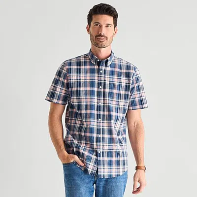 St. John's Bay Stretch Poplin Mens Short Sleeve Classic Fit Button-down Shirt In Blue