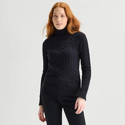 St. John's Bay Tall Womens Turtleneck Long Sleeve Cable Knit Pullover Sweater In Black