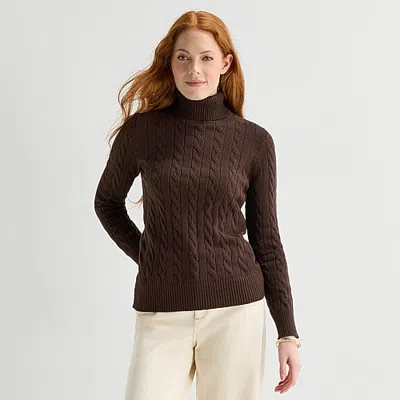 St. John's Bay Tall Womens Turtleneck Long Sleeve Cable Knit Pullover Sweater In Brown