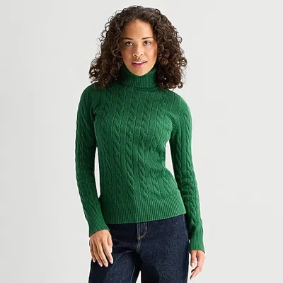 St. John's Bay Tall Womens Turtleneck Long Sleeve Cable Knit Pullover Sweater In Green