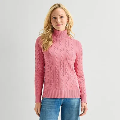 St. John's Bay Tall Womens Turtleneck Long Sleeve Cable Knit Pullover Sweater In Pink