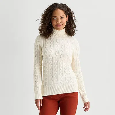 St. John's Bay Tall Womens Turtleneck Long Sleeve Cable Knit Pullover Sweater In White