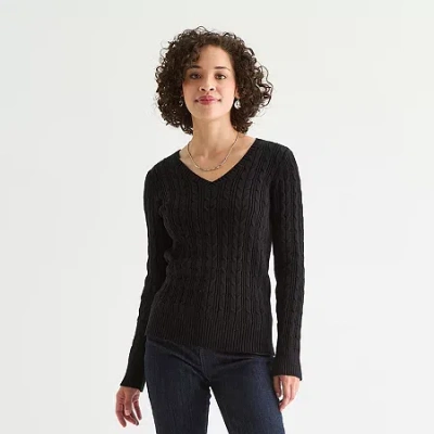 St. John's Bay Tall Womens V Neck Long Sleeve Cable Knit Pullover Sweater In Multi