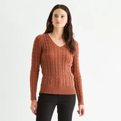 St. John's Bay Tall Womens V Neck Long Sleeve Cable Knit Pullover Sweater In Multi