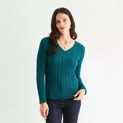 St. John's Bay Tall Womens V Neck Long Sleeve Cable Knit Pullover Sweater In Multi