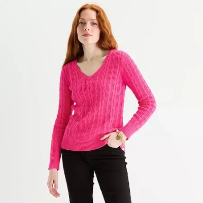 St. John's Bay Tall Womens V Neck Long Sleeve Cable Knit Pullover Sweater In Multi