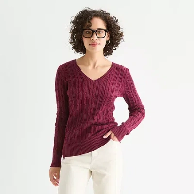St. John's Bay Tall Womens V Neck Long Sleeve Cable Knit Pullover Sweater In Burgundy