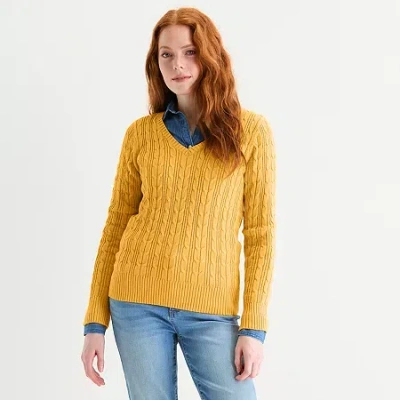 St. John's Bay Tall Womens V Neck Long Sleeve Cable Knit Pullover Sweater In Yellow