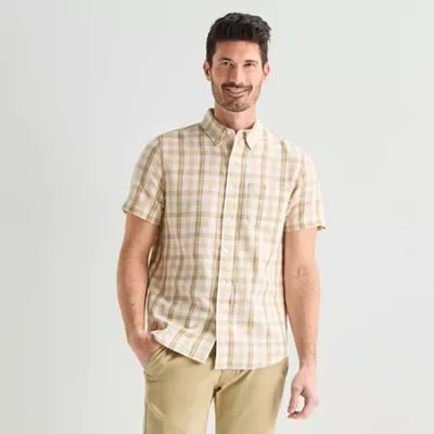 St. John's Bay Texture Gingham Mens Short Sleeve Classic Fit Button-down Shirt In Neutral