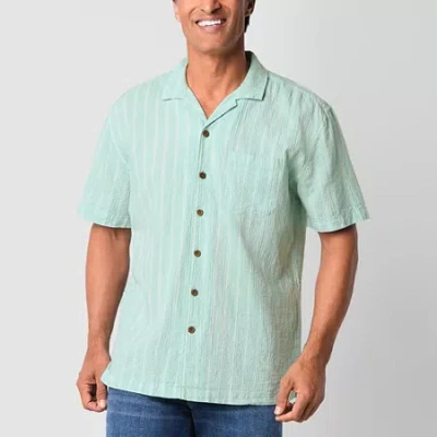 St. John's Bay Textured Button-down Mens V Neck Short Sleeve Camp Shirt In Blue