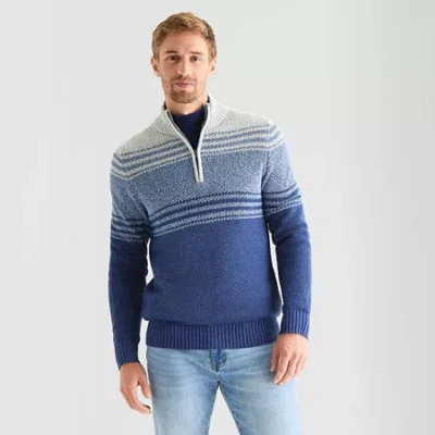 St. John's Bay Textured Mens Mock Neck Long Sleeve Striped Quarter-zip Pullover Sweater In Blue