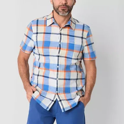 St. John's Bay Textured No Tuck Mens Short Sleeve Classic Fit Button-down Shirt In Blue