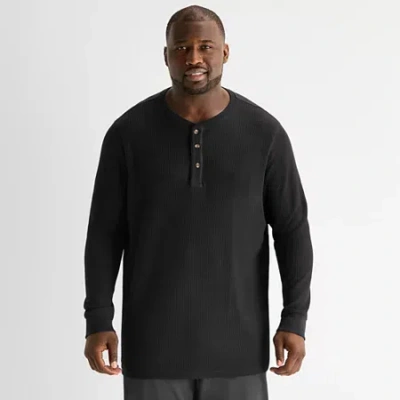 St. John's Bay Waffle Mens Easy-on + Easy-off Long Sleeve Adaptive Classic Fit Big And Tall Henley S In Black