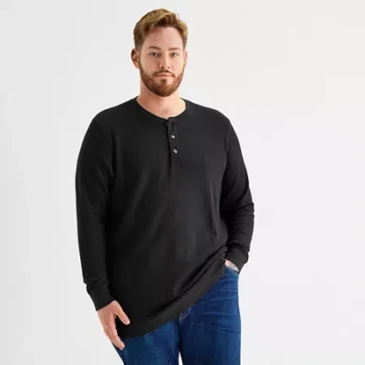 St. John's Bay Waffle Mens Henley Neck Long Sleeve Classic Fit Big And Tall Thermal Top In Black