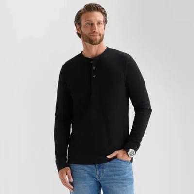 St. John's Bay Waffle Mens Henley Neck Long Sleeve Classic Fit Thermal Top In Black