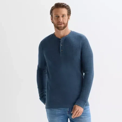 St. John's Bay Waffle Mens Henley Neck Long Sleeve Classic Fit Thermal Top In Blue