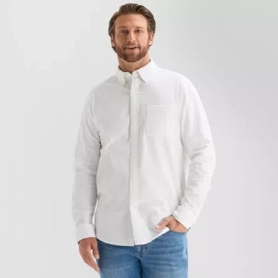 St. John's Bay Washed Oxford Mens Long Sleeve Classic Fit Stretch Fabric Button-down Shirt In White
