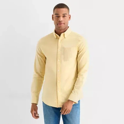 St. John's Bay Washed Oxford Mens Long Sleeve Classic Fit Stretch Fabric Button-down Shirt In Yellow