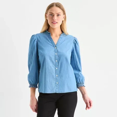 St. John's Bay Womens 3/4 Sleeve Denim Blouse In Blue