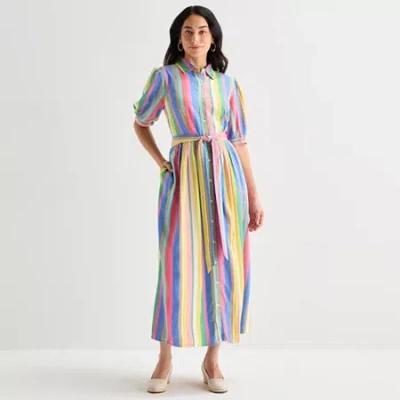 St. John's Bay Womens Belted Short Sleeve Midi Striped Shirt Dress In Multi