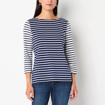 St. John's Bay Womens Boat Neck 3/4 Sleeve T-shirt In Blue