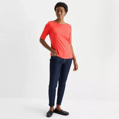 St. John's Bay Womens Boat Neck Elbow Sleeve T-shirt In Red