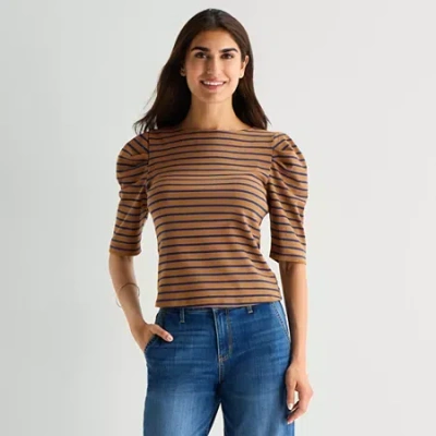 St. John's Bay Womens Crew Neck 3/4 Sleeve Blouse In Brown