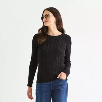 St. John's Bay Womens Crew Neck Long Sleeve Cable Knit Pullover Sweater In Black