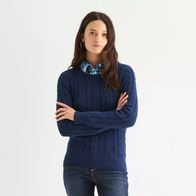 St. John's Bay Womens Crew Neck Long Sleeve Cable Knit Pullover Sweater In Blue
