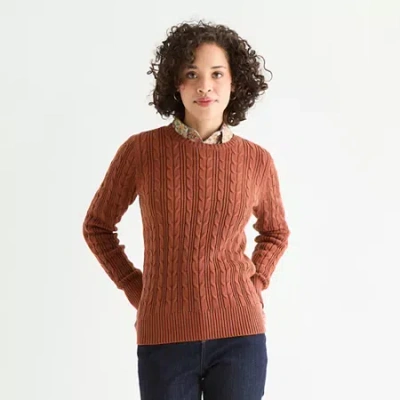 St. John's Bay Womens Crew Neck Long Sleeve Cable Knit Pullover Sweater In Brown