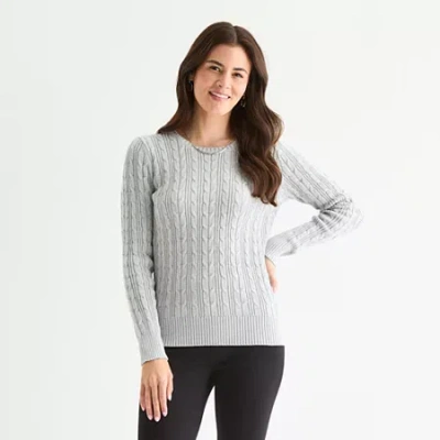 St. John's Bay Womens Crew Neck Long Sleeve Cable Knit Pullover Sweater In Gray